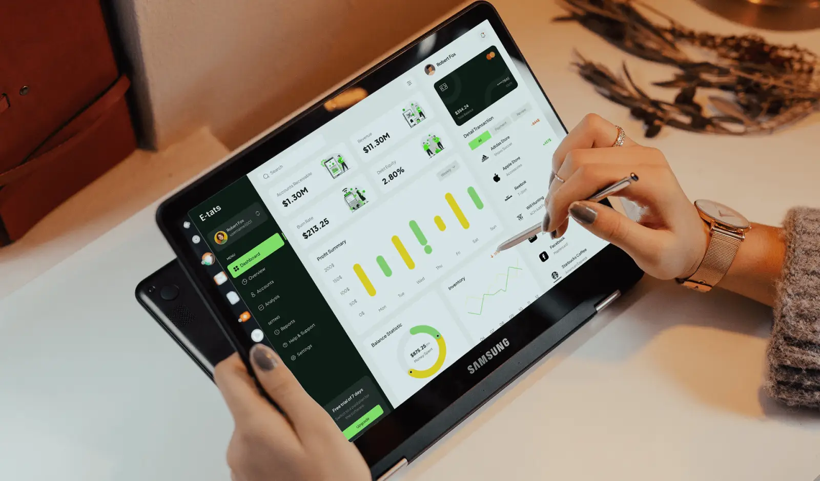 Paramount mockup. A hand hovering over a complex sales dashboard.